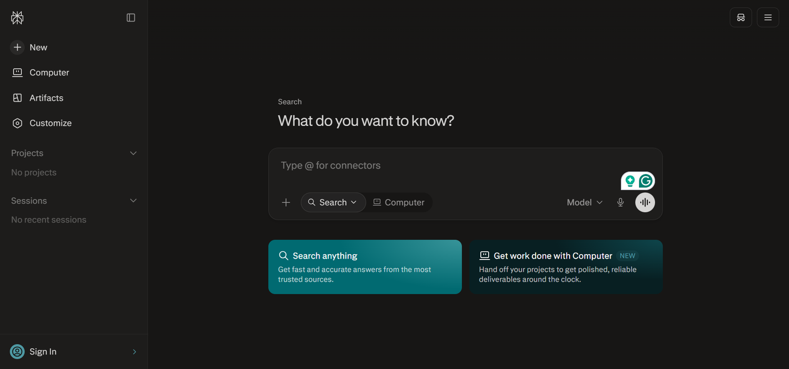 Perplexity AI research interface