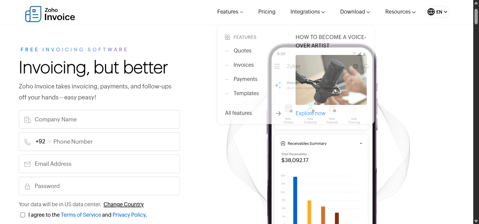 Zoho Invoice and Zia AI invoicing interface