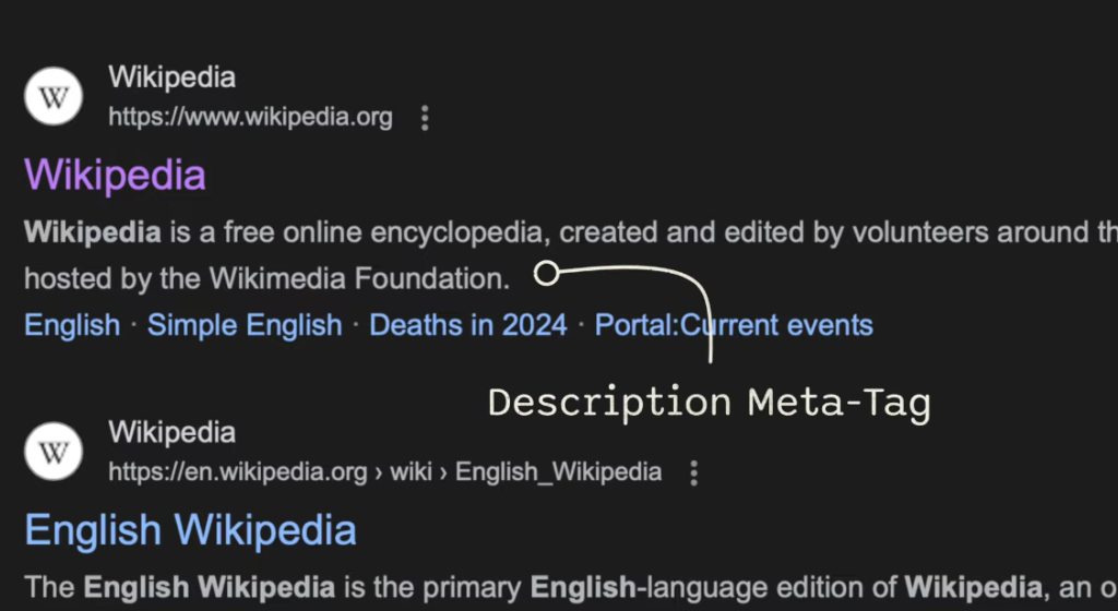 meta description is a brief summary of the webpage that appears below the title