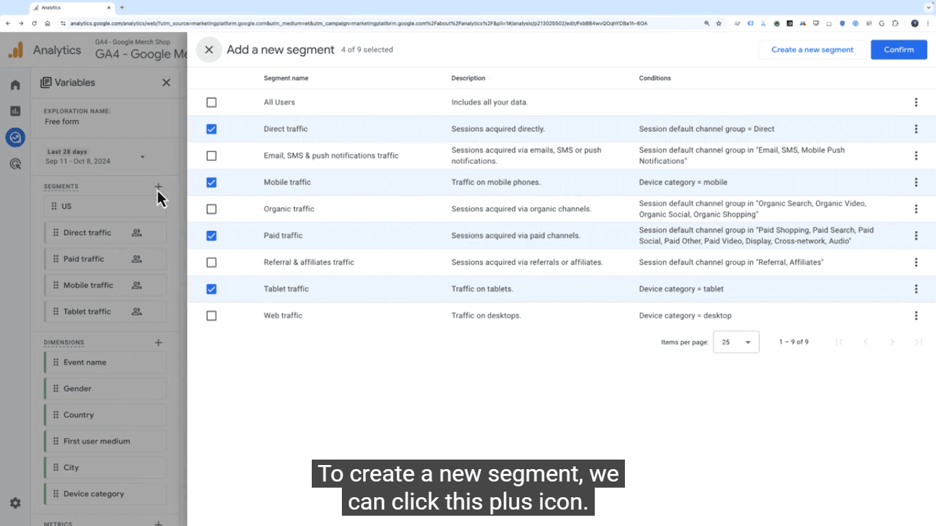 Google analytics screenshot showcases how to add new segment.