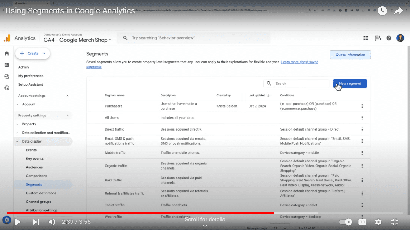 Google analytics 4 screenshot showcases the another way to create segment through Admin section.