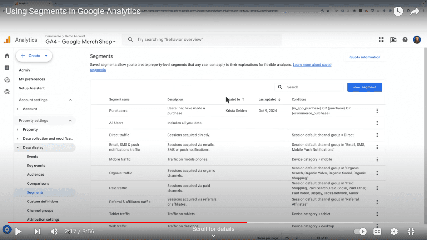 Google analytics screenshot showcases the library of segment. 