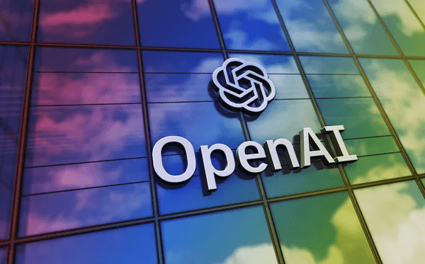 Showcase the logo of OpenAI with colorful sky background.