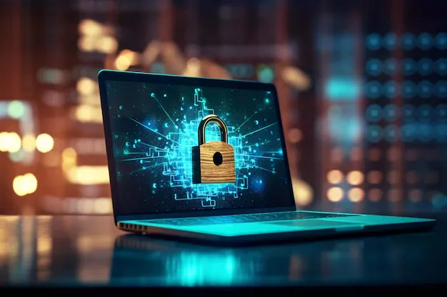 Showcasing security with Macbook and Lock.