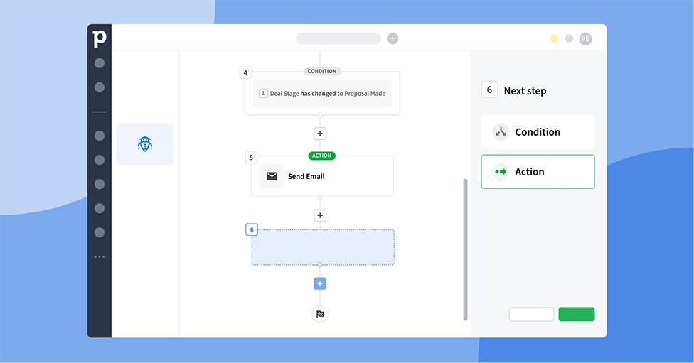 Pipedrive marketing automation workflow builder showing conditions and actions
