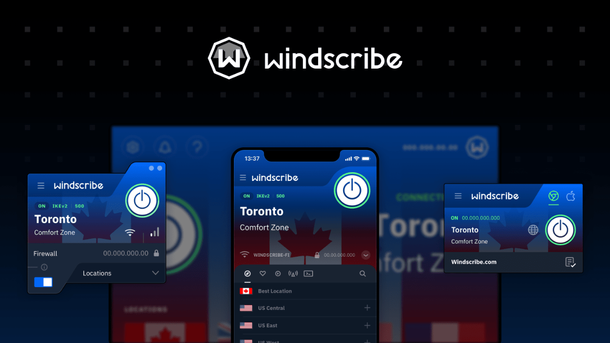 Windscribe free VPN interface
