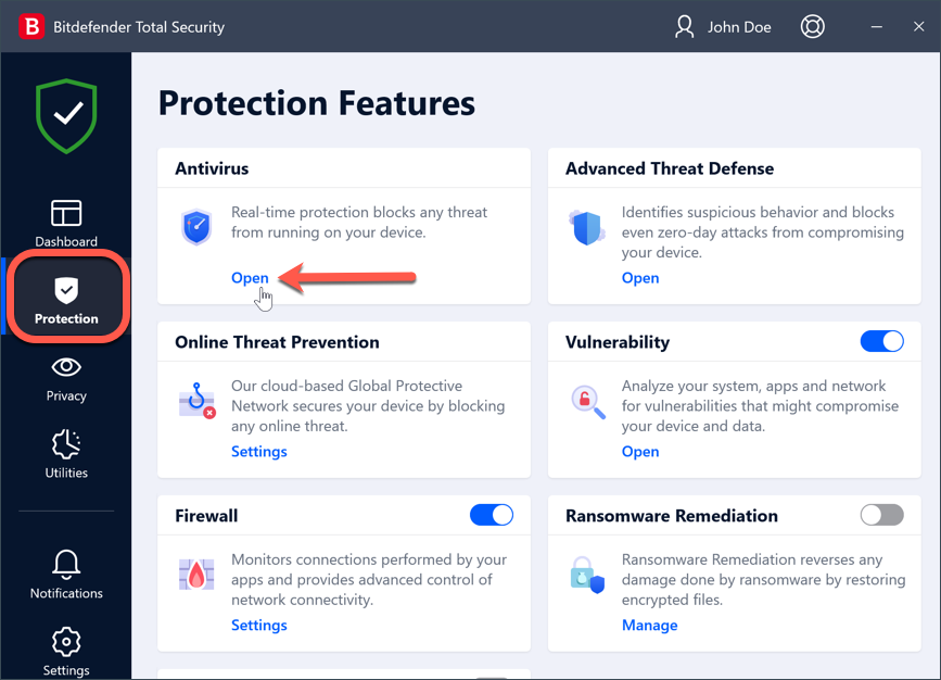 Shows protection features (Bitdefender)