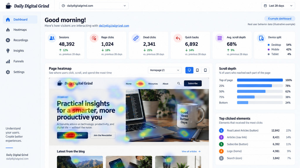 Microsoft Clarity Daily Digital Grind Analytics Dashbaord Heatmaps
