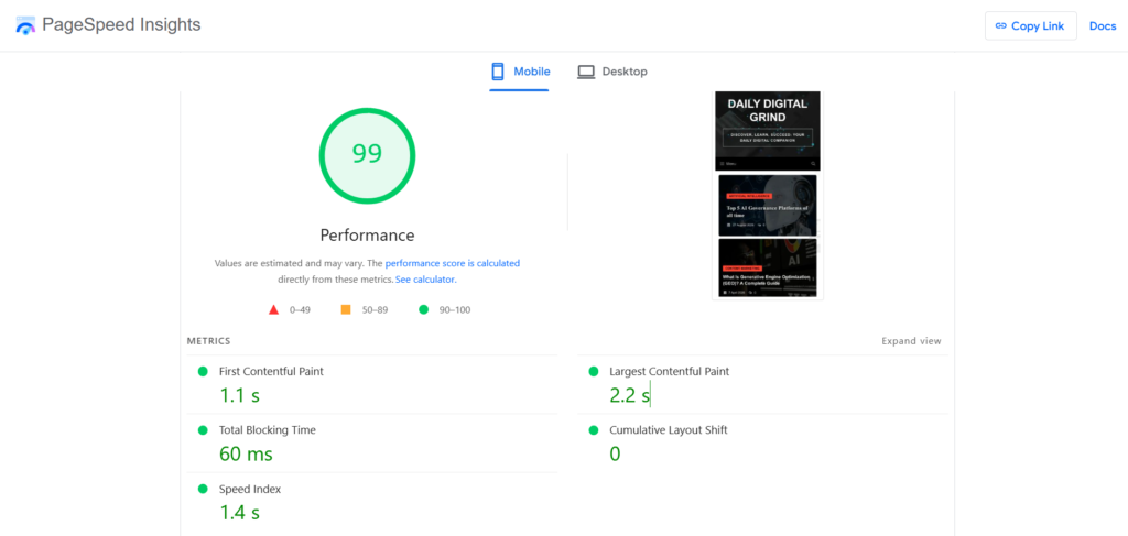DailyDigitalGrind PageSpeed Insights